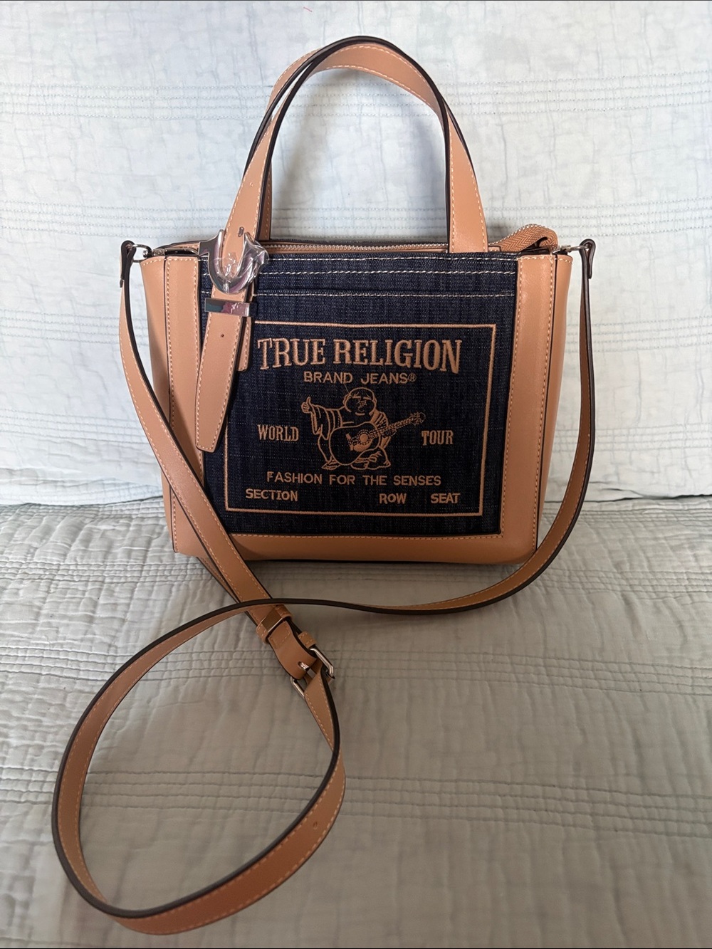 True Religion Tan Leather & Navy Denim Crossbody Tote